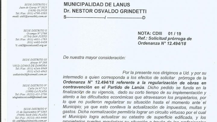 Lanús: El CTD III realizó un pedido de prórroga por regularización de obras en contravención